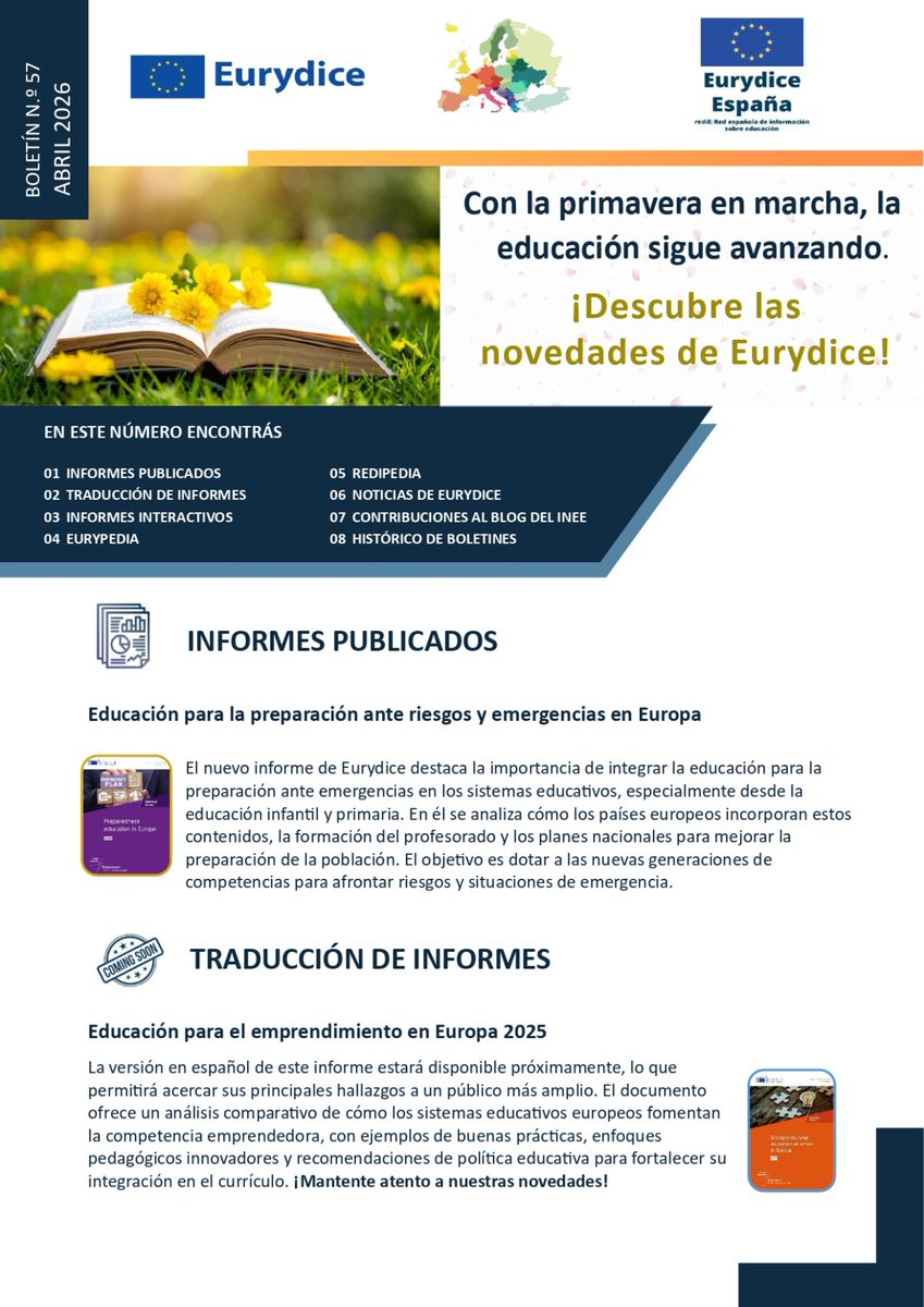 educaINEE's tweet photo. Ya puedes leer el Boletín n.º 57 de #EurydiceEU España (abril 2026)
👉 Accede al boletín https://t.co/FTSXnfmlkq
📬 Suscríbete para recibirlo cada dos meses https://t.co/SJQ3zQH5yH https://t.co/W4weUUg1YE