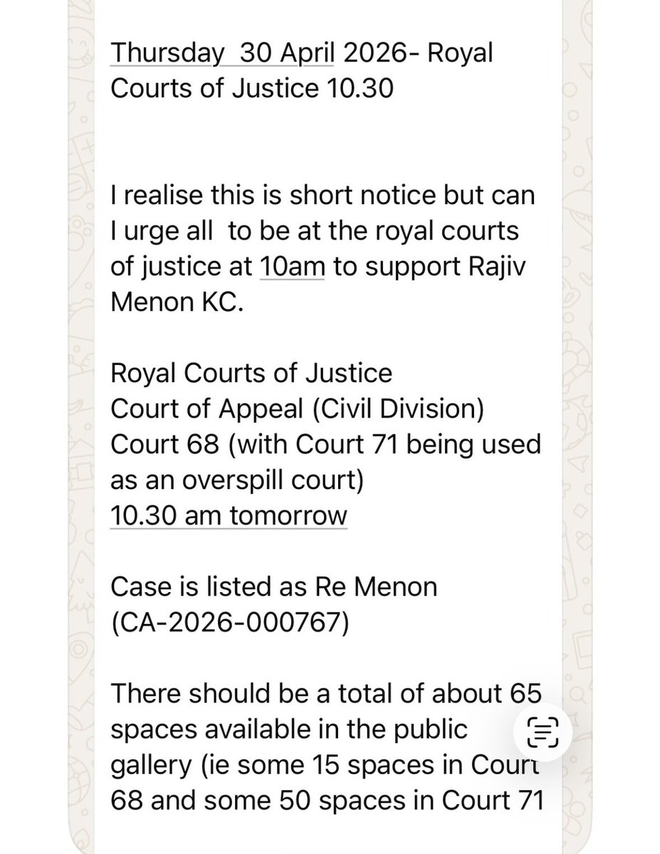 EmmalunaC's tweet photo. 🚨URGENT CALL OUT🚨
In support of RAJIV MENON KC
TODAY
👇🏼
#RoyalCourtsOfJustice
#CourtOfAppeal https://t.co/7s8DIpYrTT