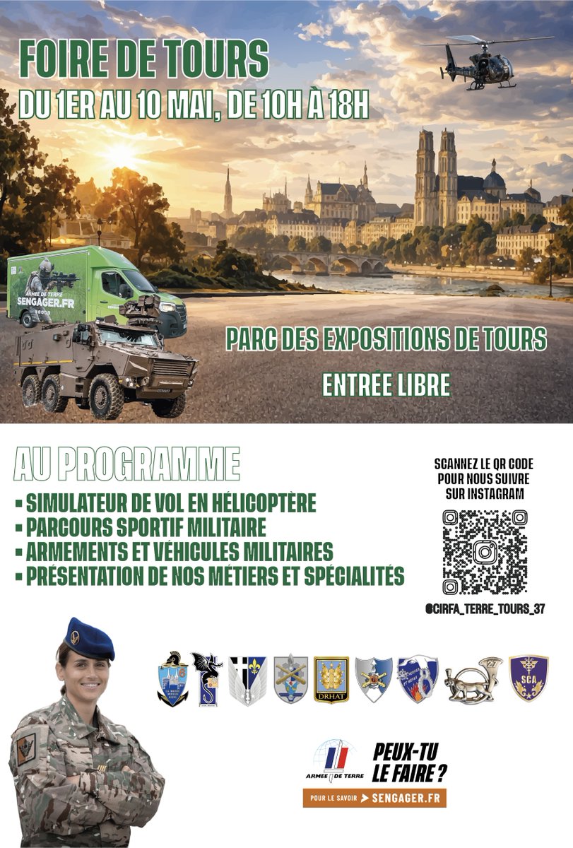 CDC_GRSNO's tweet photo. J-1 avant la Foire de Tours
L’@armeedeTerre vous donne RDV du 1er au 10 mai.
👉 Venez vous tester et échanger avec nos militaires, issus de différents régiments et métiers.

🎯 Êtes-vous prêt à relever le défi ? https://t.co/RYdJ0T7l9p