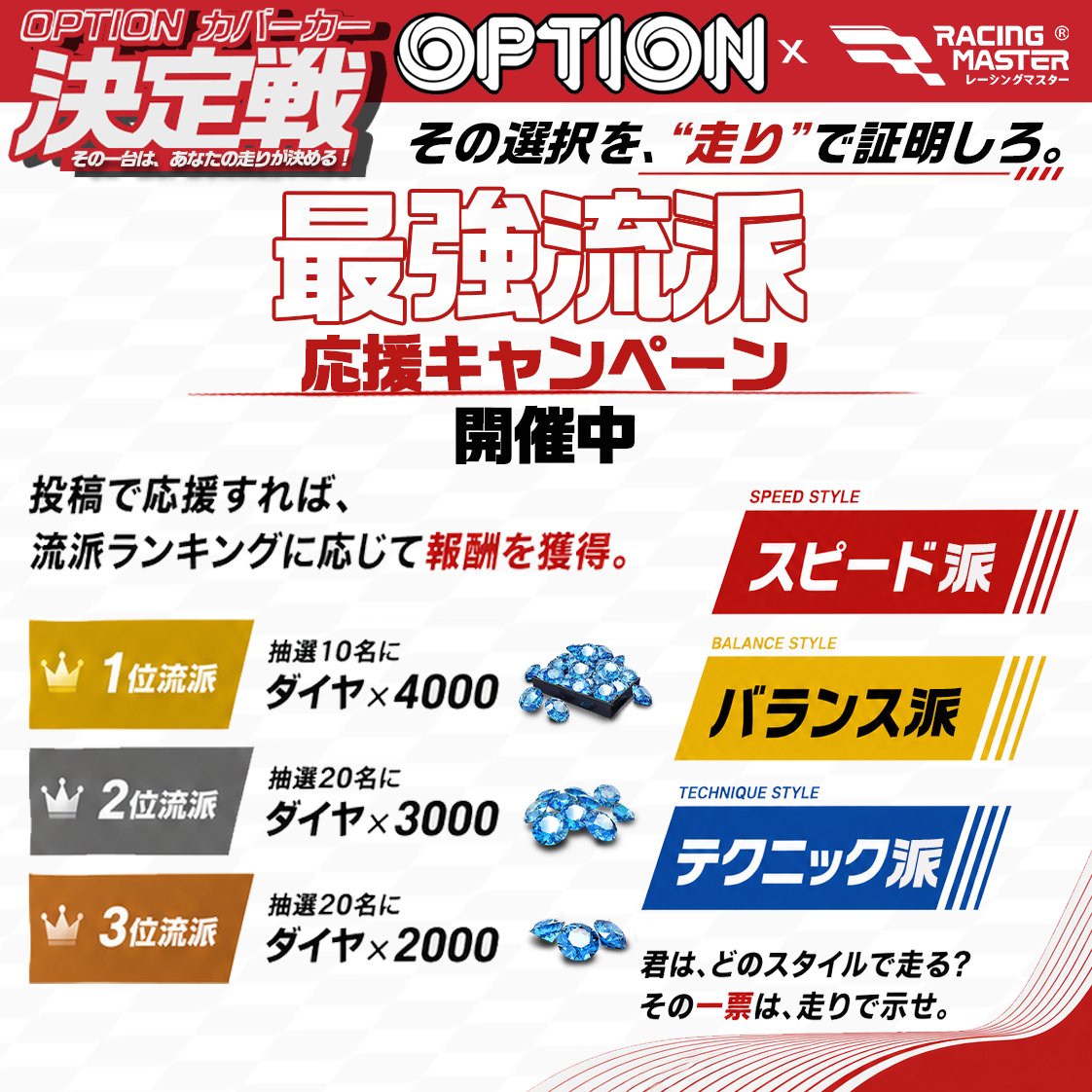 君は、どの流派を応援する？

#レーマスOPTIONカバーカー決定戦
最強流派応援キャンペーン、開催中。

#レーマス流派応援 をつけて、
所属流派と応援理由をXに投稿しよう。

ランキング上位流派を応援すれば、
抽選でダイヤ報酬を獲得💎

コラボ終了後、ランキング結果に応じて報酬を配布。