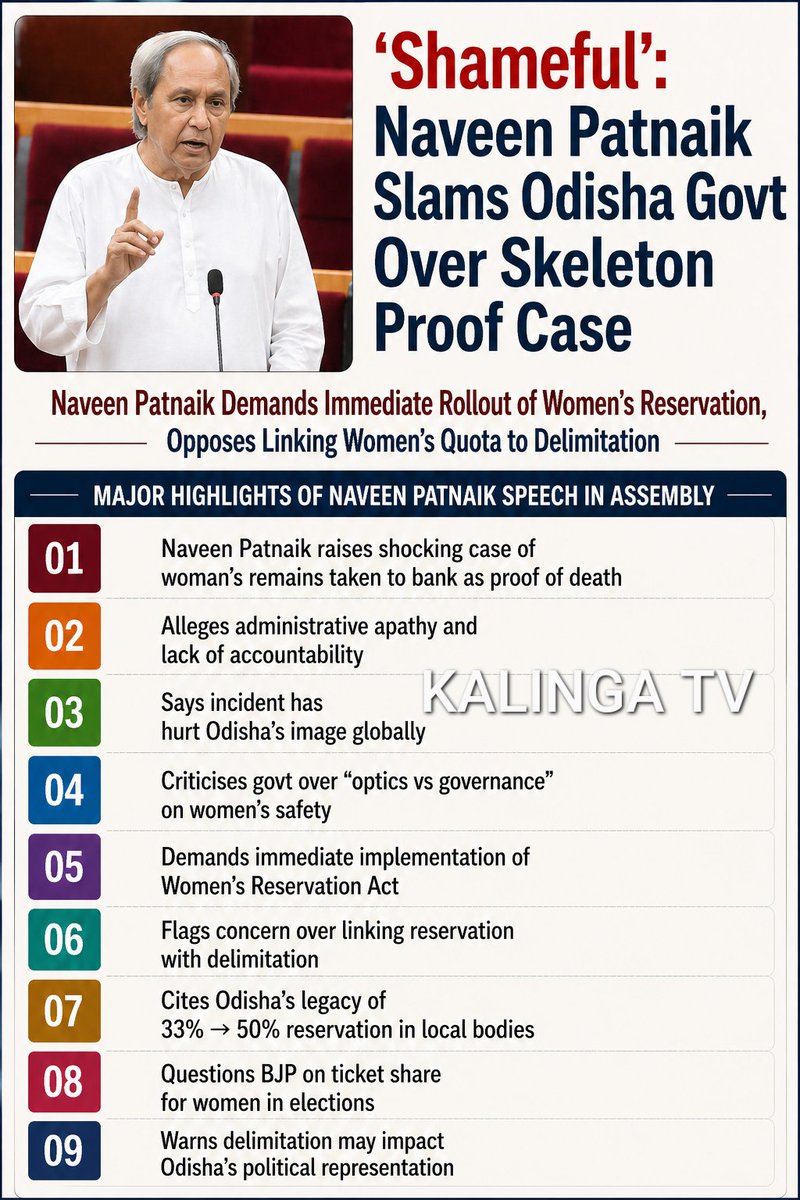 Naveen Patnaik Demands Immediate Rollout of Women's Reservation, Warns Against 'Clandestine' Delimitation Push

Leader of Opposition Calls Skeleton Case 'Inhumane', Targets Govt Apathy

Addressing the Special Session of the Odisha Legislative Assembly, BJD president and Leader of