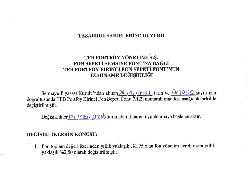 FonDetay's tweet photo. 15 Mayıs tarihinde TEB Portföy’ün 4 fonunda yönetim ücreti artışı gerçekleşecek. İlgili fonlar ve ücretler ise şu şekilde ⬇️

TEB Portföy Birinci Fon Sepeti Fonu - TPC 

Eski Yıllık Yönetim Ücreti: %1,95
Yeni Yıllık Yönetim Ücreti: %2,50

TEB Portföy Gümüş Fon Sepeti Fonu - GMC 
Eski: %2,19
Yeni %2,90

TEB Portföy Altın Fonu - TUA
Eski: %1,83
Yeni: %1,95

TEB Portföy Hisse Sendi Fonu - TYH
Eski: %2,75
Ye: %3,20