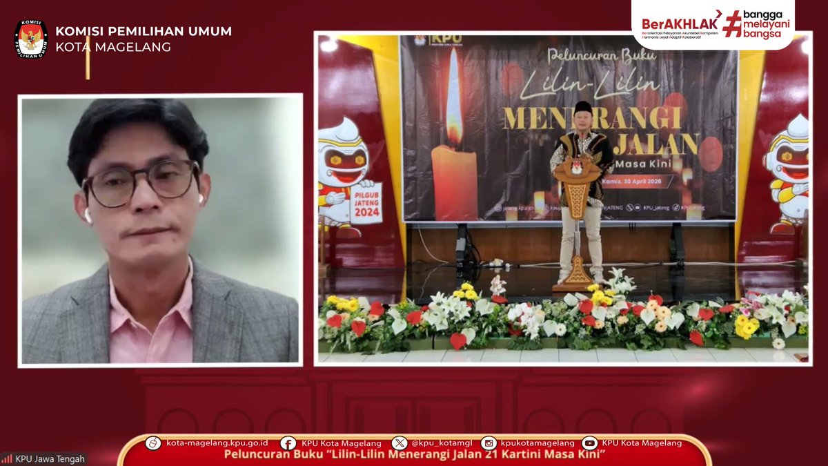 kpu_kotamgl's tweet photo. #TemanPemilih, KPU Kota Magelang menghadiri peluncuran buku "Lilin-lilin Menerangi Jalan: 21 Kartini Masa Kini" yang diselenggarakan oleh KPU Provinsi Jawa Tengah secara daring, Kamis (30/04/2026).
#kpukotamagelang #humaskpukotamagelang #KPUMelayani #ojogolput https://t.co/cTdGwMb0um