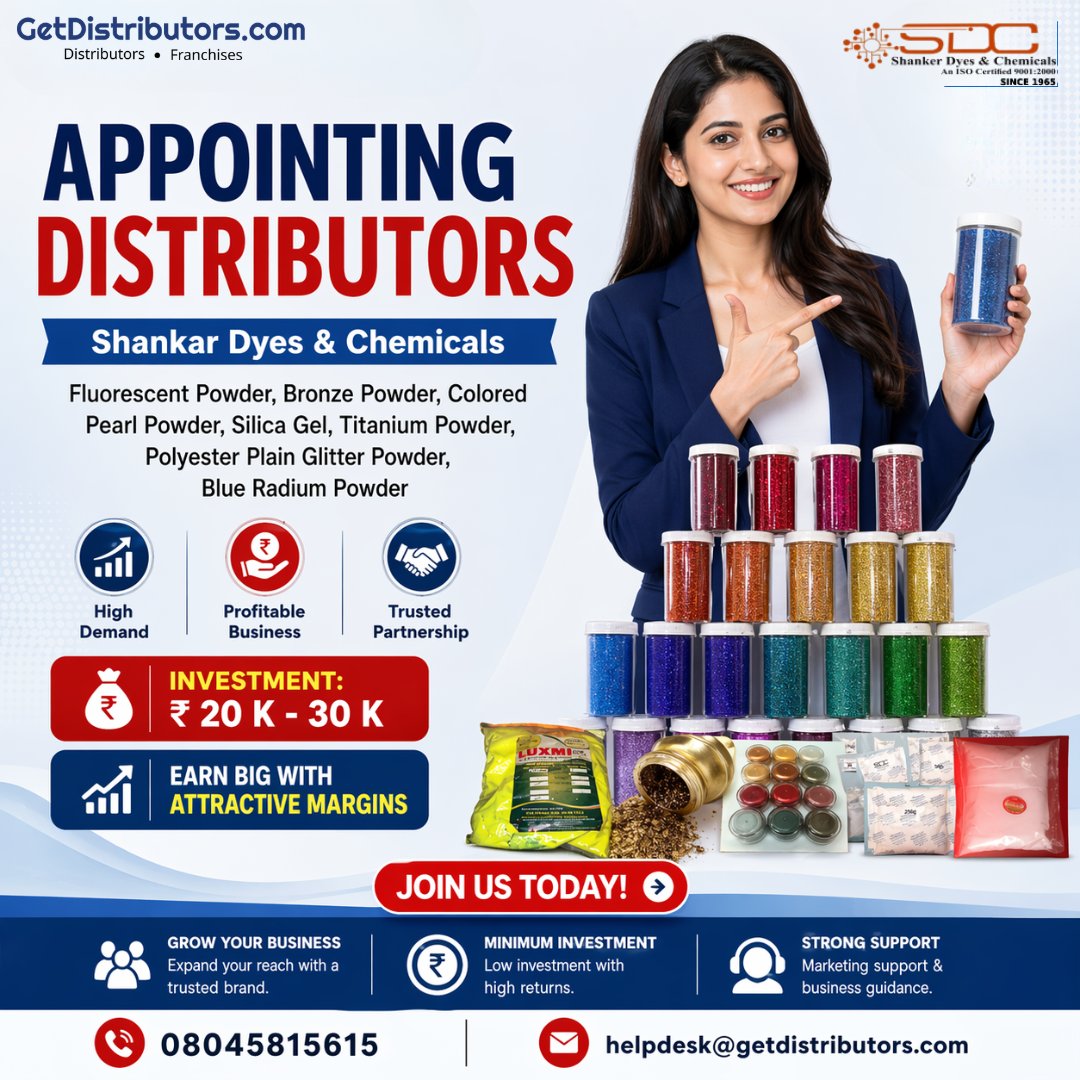 getdistributors's tweet image. Appointing #Distributors for Shankar Dyes &amp;amp; Chemicals.
Details 👉 getdistributors.com/tiny/3wJ5AgIXfa

★ Investment : ₹ 20 K 30 K
★ Attractive profit margins
★ Technical support and product training

#ShankarDyesChemicals #Chemicals #SpecialtyPowder #GetDistributors #Dealers