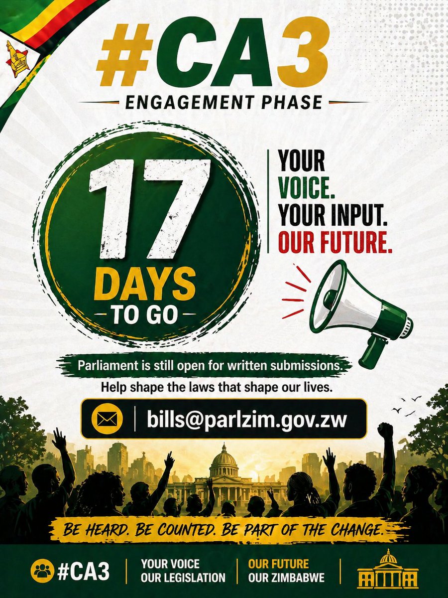 JumaMwakalobo's tweet image. 17 days to go 🇿🇼

Your voice. Your future. Your Zimbabwe.

The #CA3 engagement phase is still open make your input count and be part of shaping the nation.

#YourVoiceOurFuture #Vision2030
