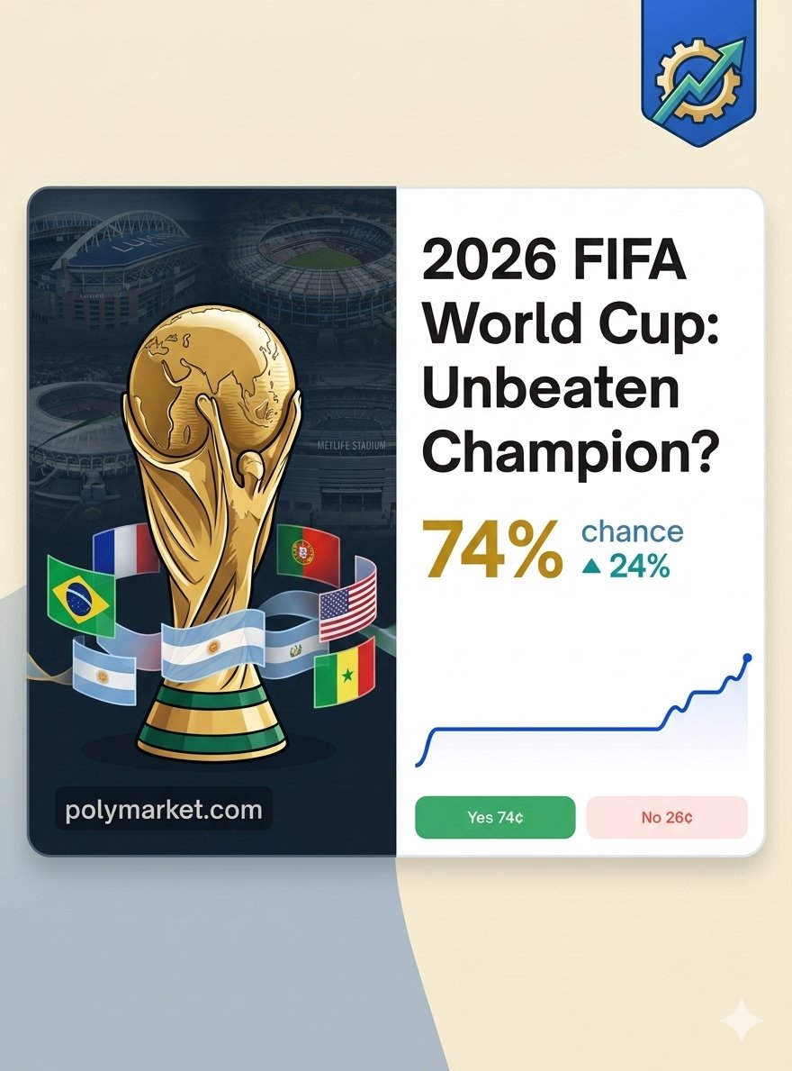 Himakhakil's tweet image. Selon Polymarket, il y a 74% de chances que le futur champion du monde 2026 reste invaincu tout au long de la compétition. 🏆

⚽️ Vous pariez sur qui ? 🇸🇳

#WorldCup2026 #FIFAWorldCup #CoupeDuMonde2026 #Polymarket #FranceChampion #Mbappe #Bleus #Football #SoccerBetting #2026WC