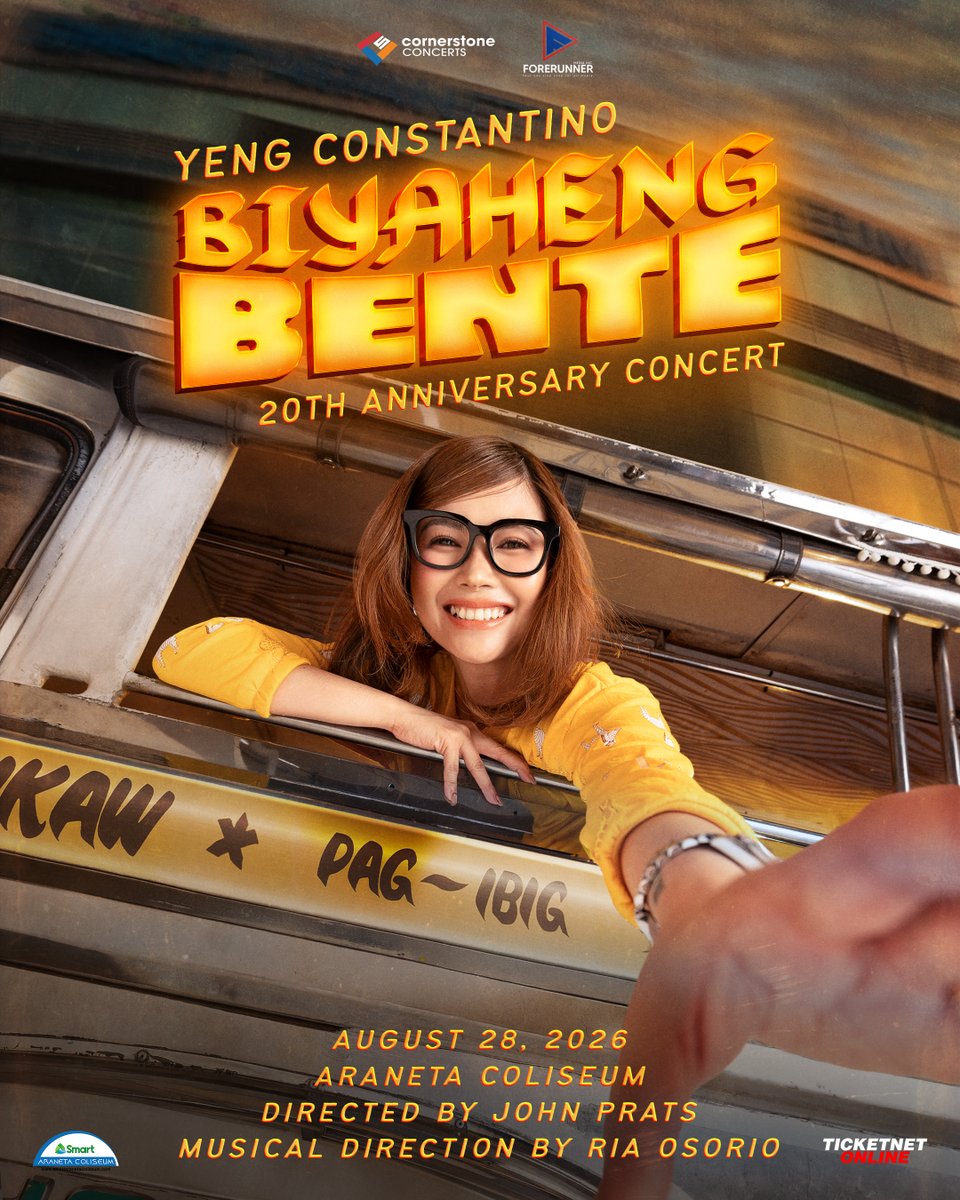 YengPLUGGEDin's tweet photo. Ang pag-ibig, hindi parang cellphone 📱
Kapag naluma, papalitan 💔

Walang palitan dito dahil tuloy-tuloy lang ang biyahe ng PAG-IBIG! Magkasama  tayo sa “BIYAHENG BENTE” concert! 💛

TICKETS GO ON SALE MAY 1, 2026, 12nn via TICKETNET!

BIYAHENG BENTE 
Live at The Big Dome
August 28, 2026
Directed by John Prats

#YengConstantino
#BiyahengBente
#JohnPrats
#CornerstoneConcerts