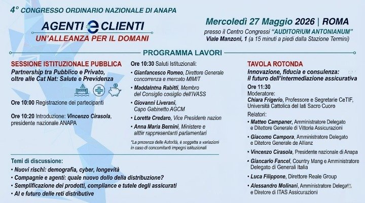 AnapaTweet's tweet photo. Il 4° Congresso Nazionale ANAPA (Roma, 27 maggio) sarà un momento di confronto con compagnie e istituzioni su come sta cambiando il lavoro degli agenti di assicurazione.
Posti limitati. 
Iscrizione gratuita 👉 https://t.co/OaqkXgAPAB 
#ANAPA #assicurazioni #agentiassicurativi https://t.co/3uiOXKQn4h