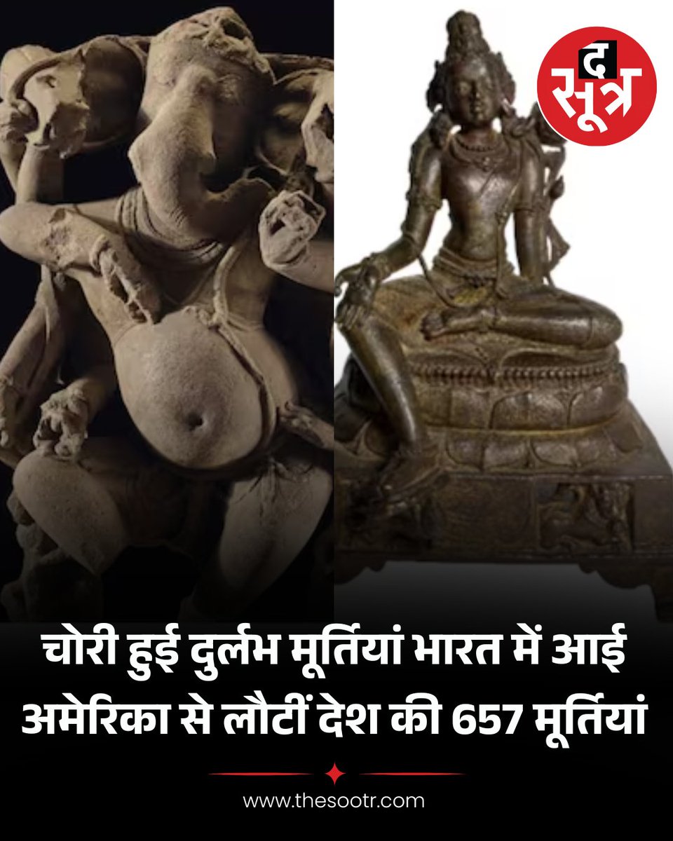 TheSootr's tweet image. अमेरिका ने 657 बेशकीमती प्राचीन कलाकृतियां भारत को लौटाई हैं। इनकी कीमत करीब 116 करोड़ रुपये है। इनमें बुद्ध और गणेश जी की दुर्लभ मूर्तियां शामिल हैं, जिन्हें तस्करों ने चुराया था।

#India #Heritage #CulturalPride #HistoricReturn #ModiInUS