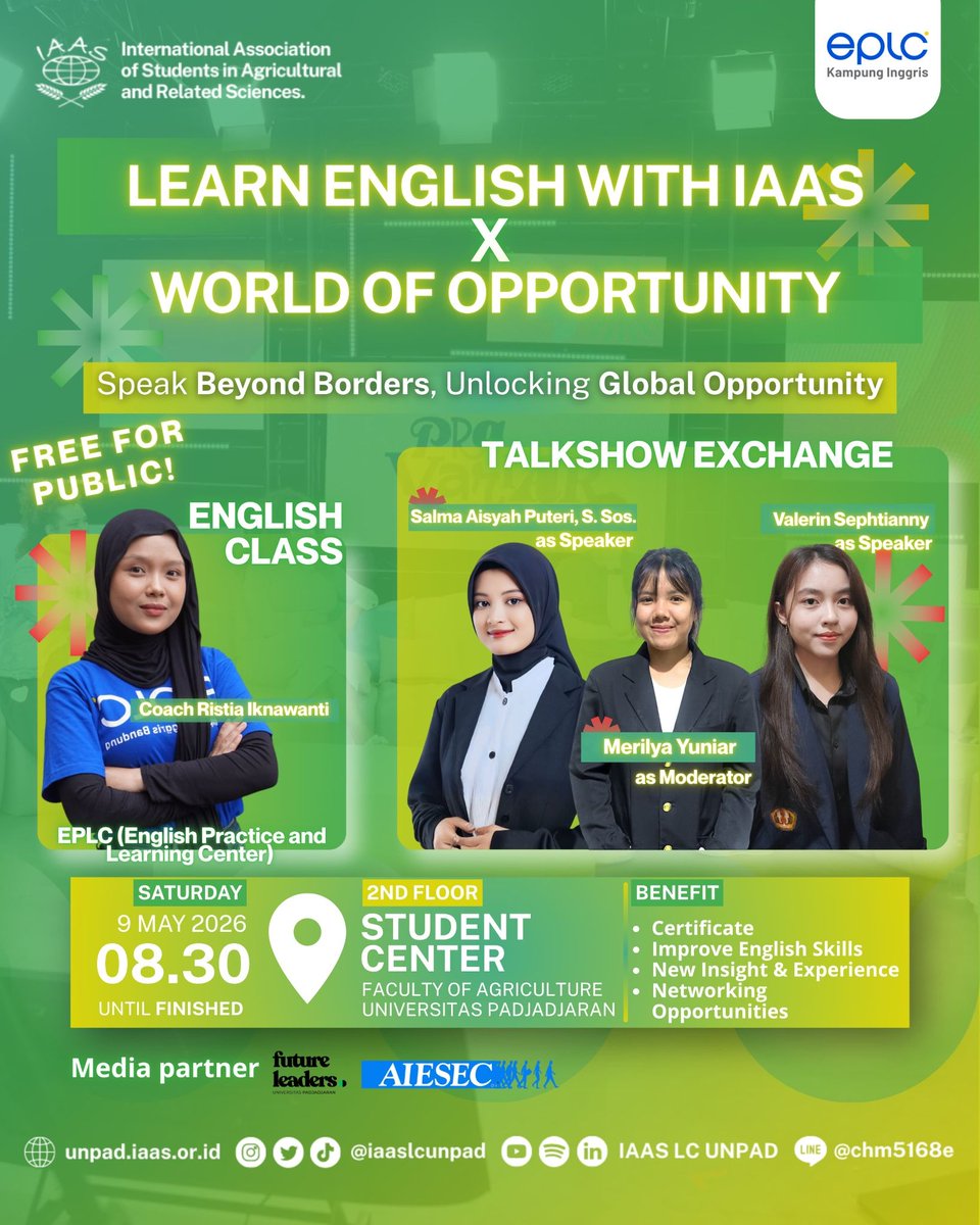 draftanakunpad4's tweet photo. Hello, pad! 🌱
FREE ENGLISH CLASS &amp; TALKSHOW!!

(TERBUKA UNTUK SEMUA MAHASISWA UNPAD)
🗓️ May 9th, 2026

Buat kamu yang tertarik, langsung daftar di link yang ada di poster

See u guys 👀💚
For more info boleh cek instagram kami ya🙌🏻 https://t.co/v5mfe8ZSUv