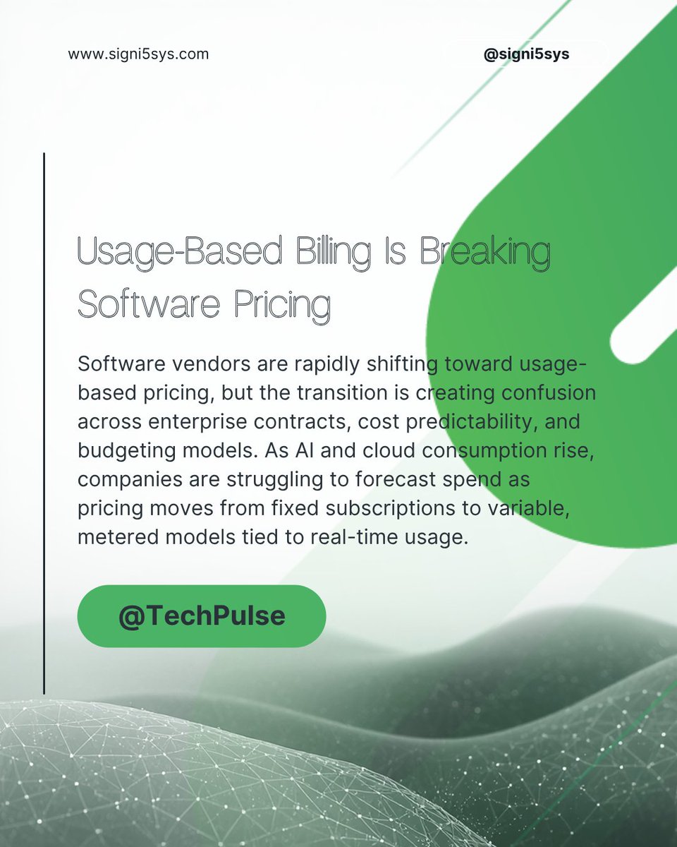 signi5sys's tweet image. Software pricing is shifting from predictable subscriptions to unpredictable usage bills. Planning just got harder.

#TrendThursday #SaaS #AIeconomy #CloudCosts #FinOps #TechStrategy