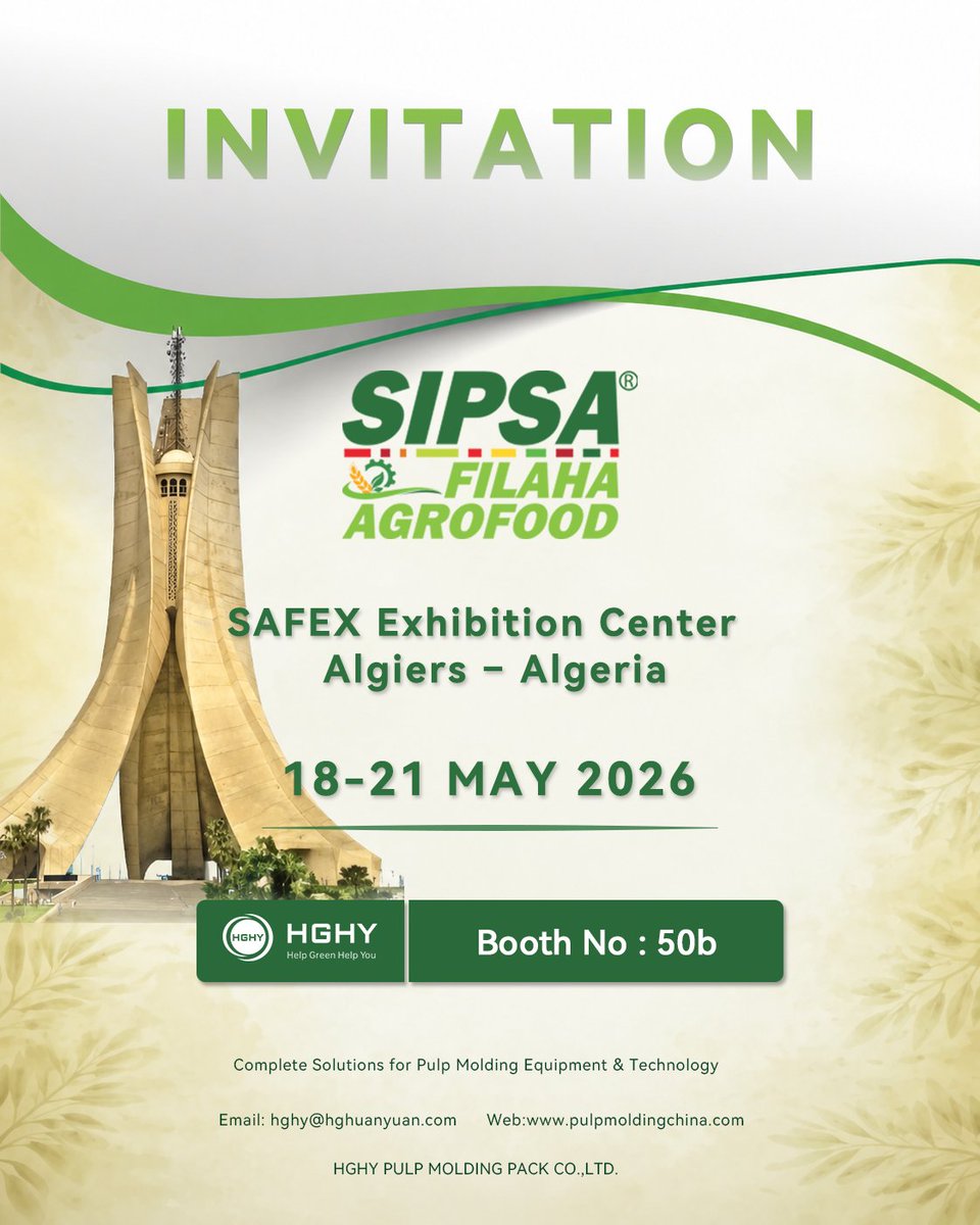 HGHYGuangzhou's tweet image. 🌟 Join Us at SIPSA 2026 in Algiers! 🌟

🗓 Date: May 18–21, 2026

📍 Booth Number: 50b

🌍 Location: SAFEX Exhibition Center, Algiers, Algeria

#SIPSA2026 #Agrofood #sustainablepackaging #pulpmoldingmachine #exhibition #Algeria