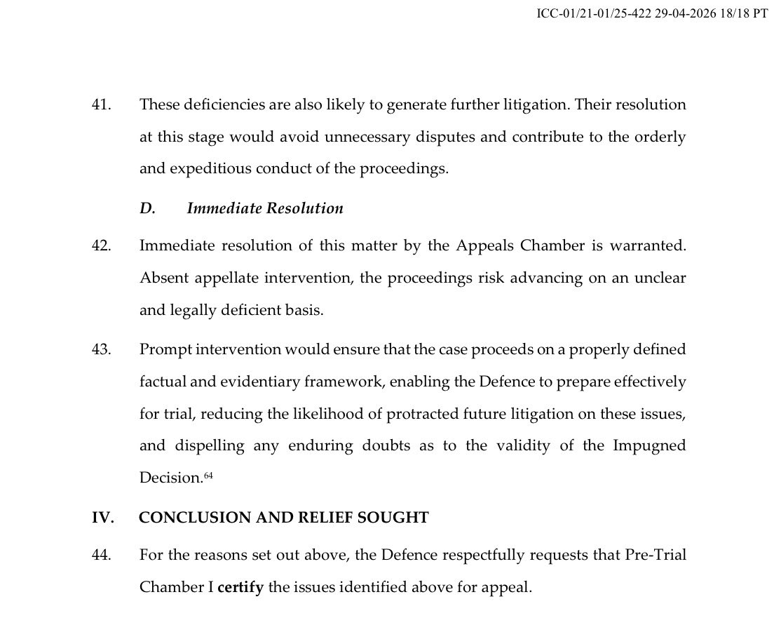 READ: Duterte Defense seeks to appeal ICC confirmation of charges, citing 2 legal grounds:

1. An “impermissibly flexible” approach that allegedly leaves the factual scope of the charges undefined; 
2. Alleged failure to articulate the evidentiary basis for confirming them.