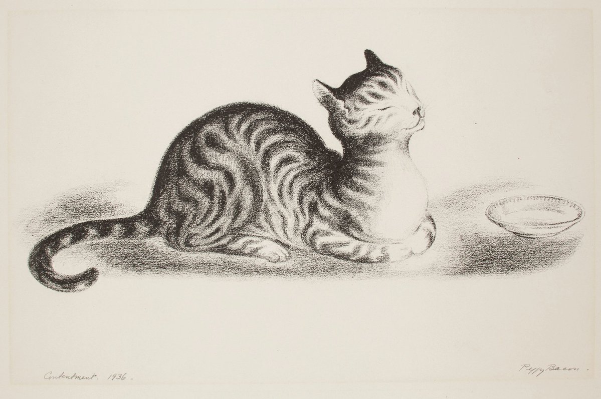 cactusian's tweet image. Peggy Bacon 🇺🇸 (b. 2.5.1895)

'Contentment' (1936)
Lithograph on wove paper
14 × 32.7 cm
@DIADetroit 

('Sleeping Cat')
Etching on paper
24.1 × 17.8 cm

'The Haunted House' (1939 )
Drypoint in black on wove paper
17.6 × 12.4 cm
@ngadc 

#Caturday