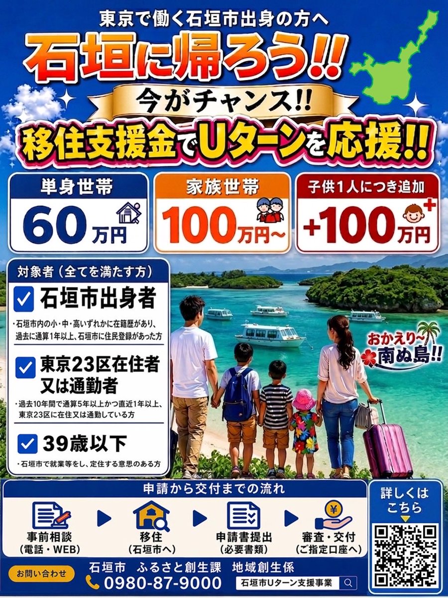 ishigakicity_pr's tweet photo. 【石垣市Ｕターン支援事業移住支援金】

石垣市では、本市出身者のＵターンを促進し、市内の人材不足解消や地域活性化を担う人材の確保を図るため、東京圏からのＵターン者へ移住支援金を交付する事業を開始します。
詳しくは下記ホームページをご確認ください。
https://t.co/XNLevC9lBs https://t.co/KvQQPZY94Y