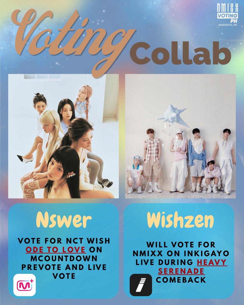 [🤝] MCountdown ↔ Inkigayo Vote Trade

Live Vote exchange with <a href="/nctwishvoting/">NCT WISH VOTING</a> 

➡️ NSWERs, Vote for NCT WISH's Ode to Love on MCountdown live vote happening now. 5x per account. Hurry only 1 hour!

🔗mnetplus.onelink.me/TRa8/xohkwx0b?…

In return, Wishzens will vote for #NMIXX on Inkigayo