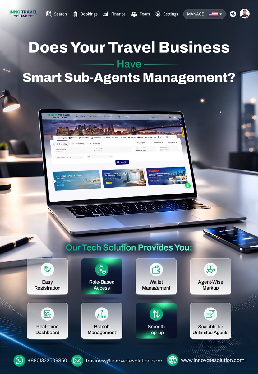 InnoTravelTech's tweet photo. ⚙️ Smarter 𝙎𝙪𝙗-𝘼𝙜𝙚𝙣𝙩𝙨 𝙈𝙖𝙣𝙖𝙜𝙚𝙢𝙚𝙣𝙩 starts with - 𝙄𝙣𝙣𝙤 𝙏𝙧𝙖𝙫𝙚𝙡 𝙏𝙚𝙘𝙝

Manage staff access, wallets, deposits &amp; commissions with complete control. 👥🚀

#TravelTech #InnovateSolution #B2BTravelPortal #B2CTravelPortal https://t.co/qa5deTGdxI