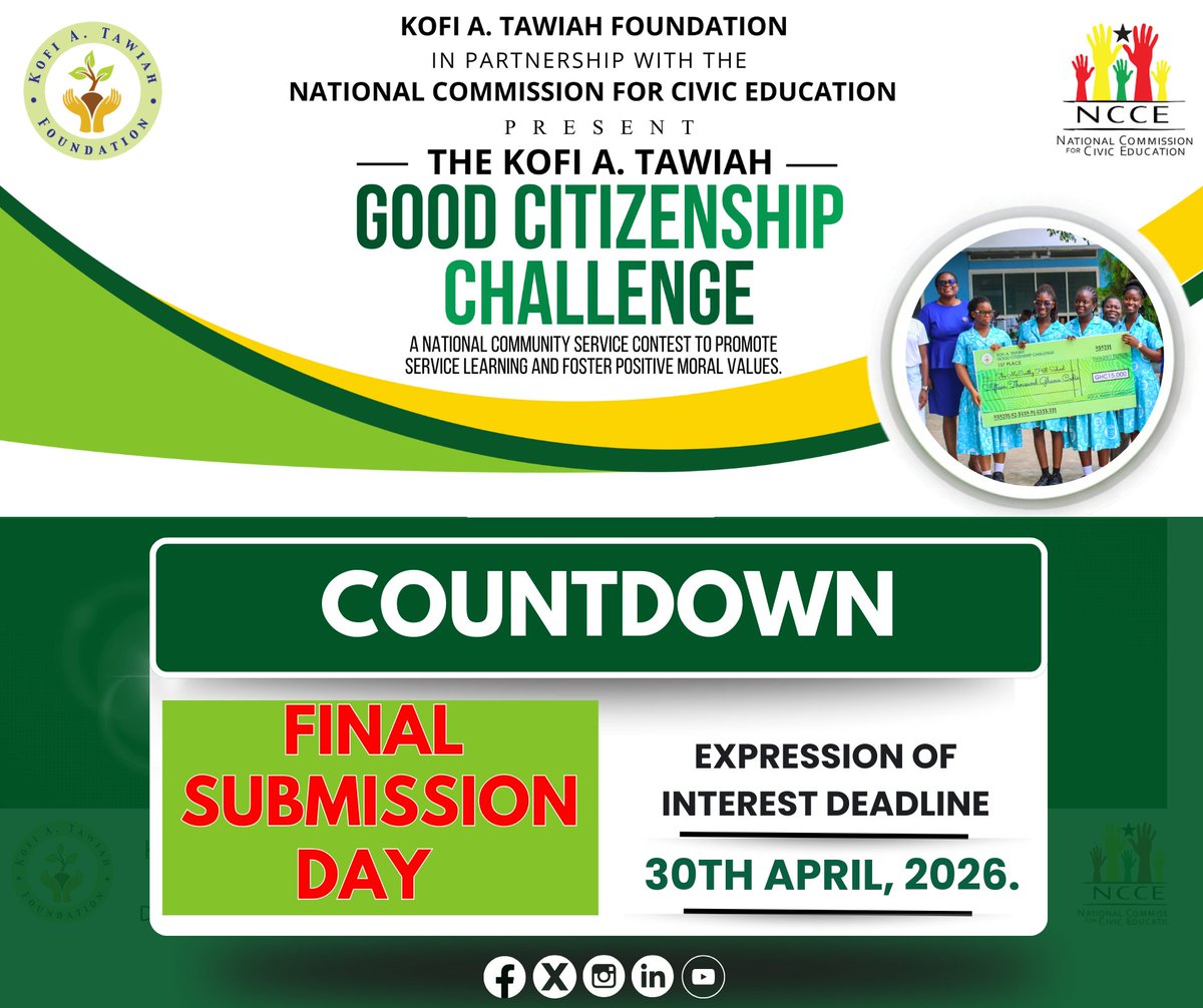 KofiATawiahfdn's tweet image. IMPORTANT REMINDER!✅ 
This is a reminder to all Basic and Senior High Schools across Ghana that TODAY IS THE FINAL DAY to submit your Expression of Interest to participate in the Kofi A. Tawiah Good Citizenship Challenge. No extensions, no excuses, no more waiting. 
#Essay