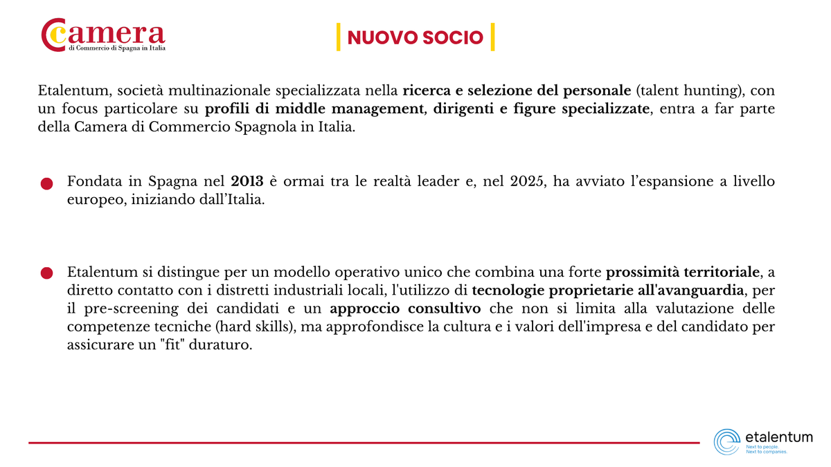 CamacoesIT's tweet image. Diamo il benvenuto a Etalentum nel #network della #Camera! 🤝

Una multinazionale spagnola di #ricerca e #selezione del personale, nata nel 2013, specializzata in ricerche proattive di profili specialistici, quadri e manager.

Scopri di più👇