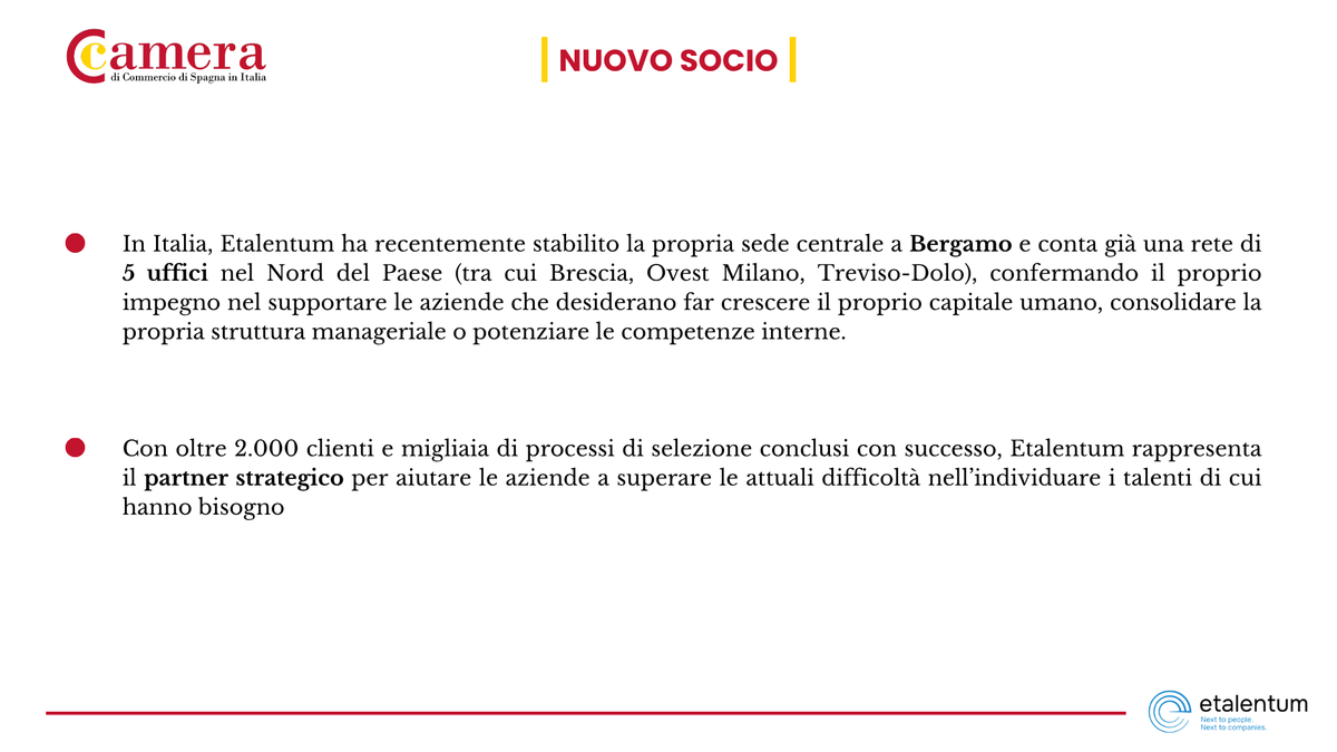 CamacoesIT's tweet image. Diamo il benvenuto a Etalentum nel #network della #Camera! 🤝

Una multinazionale spagnola di #ricerca e #selezione del personale, nata nel 2013, specializzata in ricerche proattive di profili specialistici, quadri e manager.

Scopri di più👇