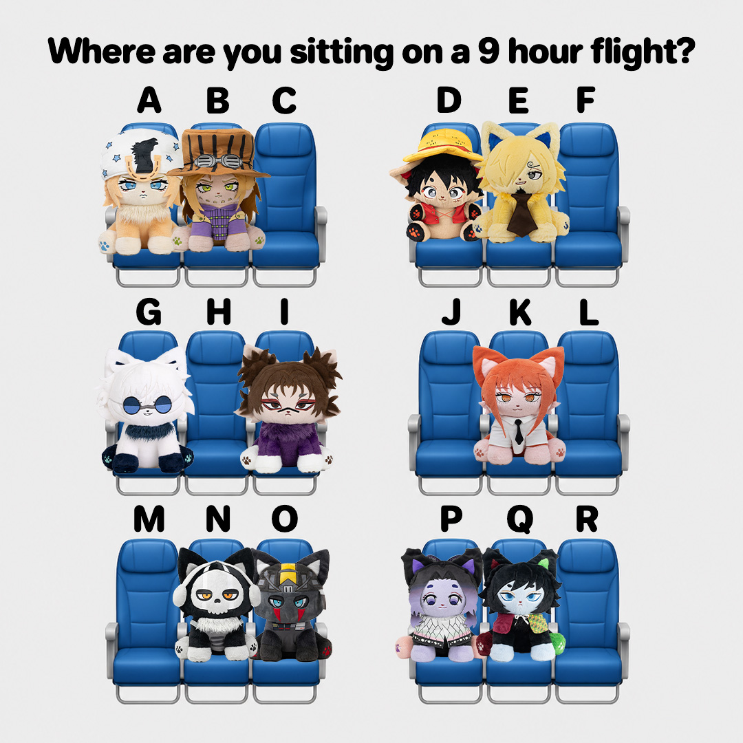 Plushshop_com's tweet image. Where are you sitting on a 9 hour flight?
#gojo #giyu #makima #ghost #luffy
