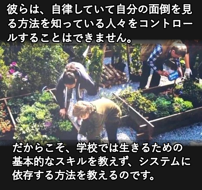 彼らは、自律していて自分の面倒を見る方法を知っている人々をコントロールすることはできません。

だからこそ、学校では生きるための基本的なスキルを教えず、システムに依存する方法を教えるのです。