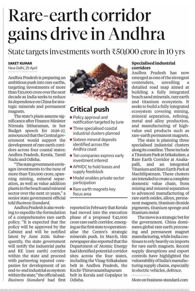 AndhraCommunity's tweet image. 🚨 Andhra Pradesh gears up for a Rare-Earth Revolution ⚡

₹50,000 Cr vision to build a complete ecosystem
⛏️ Mining to 🧪 Processing to 🧲 Magnet manufacturing

📍 Strengthening India’s strategic independence and future industries

#AndhraPradesh #RareEarth #MakeInIndia