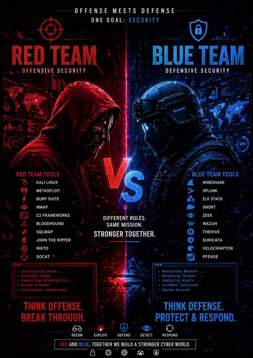 Anastasis_King's tweet image. Red Team vs Blue Team: Offense Meets Defense 🔴🔵

In cybersecurity, Red Teams simulate real-world attacks to uncover vulnerabilities, while Blue Teams focus on detection, defense, and incident response. 

#RedTeam #BlueTeam #CyberSecurity #DefensiveSecurity #OffensiveSecurity