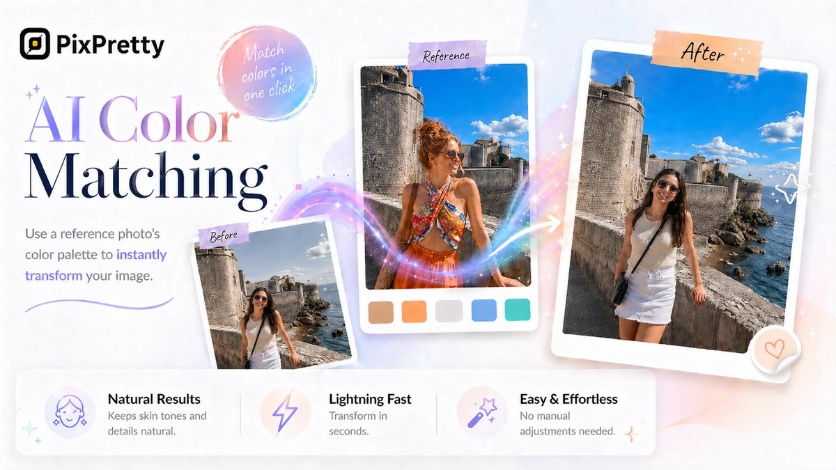 Every photo tells a story. Color sets the tone. 🎨

Love someone else's vibe?
AI Color Matching brings it to your shots. 📸

#PixPrettyPortraitRetoucher #AIColorMatch