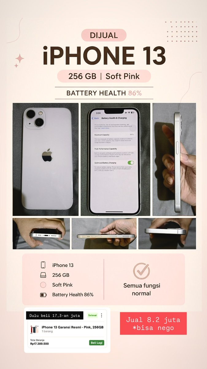 secretciaaa's tweet image. ✨ DIJUAL iPhone 13 Soft Pink 256GB #Second 
Lokasi Jakarta

Masih cantik, warna soft pink gemes banget 💕 Cocok buat daily use &amp;amp; foto-foto ✨
📱 Detail: • iPhone 13 • 256 GB • Battery Health 86% 🔋 • Semua fungsi normal ✔️ • Pemakaian pribadi, terawat

📸 Kondisi