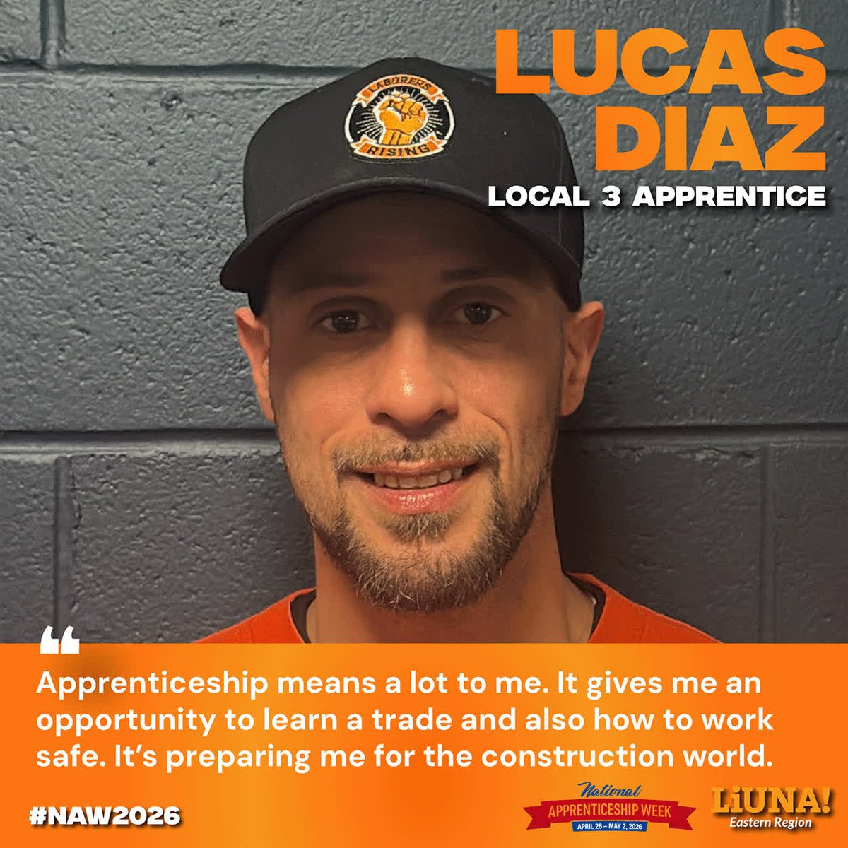 trainliunanjde's tweet image. 💪 It's #NAW2026!

Meet Lucas Diaz, a @LIUNA Local 3 #Apprentice:

"Apprenticeship changed my life. I'm justice affected, and it was hard to get work. LIUNA is giving me a career.

"And LIUNA's not just helping me with work, it's made me a better man."