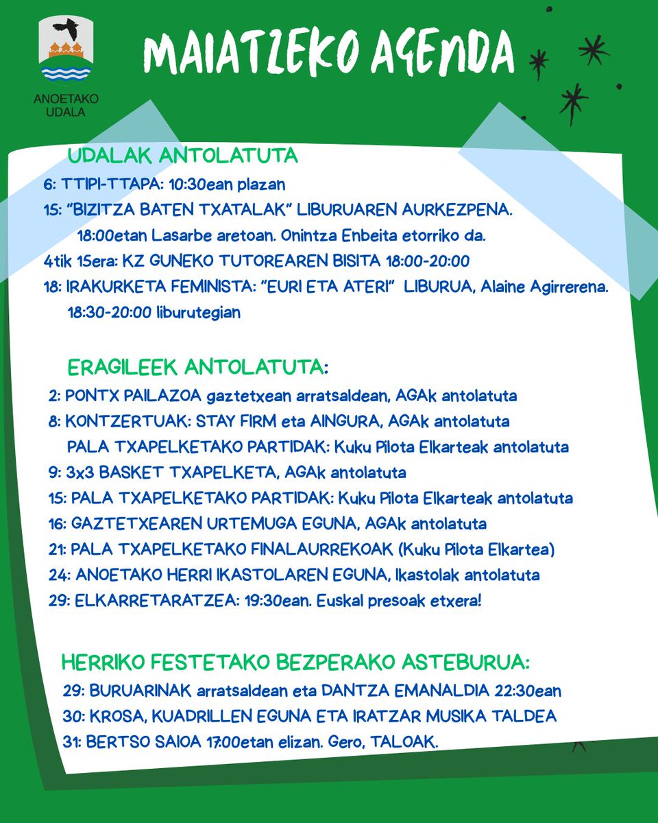 AnoetakoUdala's tweet image. 🗓 Badator MAIATZA Anoetara! 🌸🌟

Hitzordu ugari: pailazoak, kontzertuak, liburu aurkezpenak, irakurketa feminista, kirol txapelketak eta festen atariko asteburu ederra! 🎭🏃‍♂️🥳

Begiratu egitarau osoa hemen 👇

#Anoeta #Agenda #Maiatza