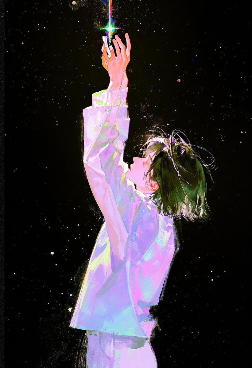 pulpulang's tweet photo. 프리즘 우주 프롬 공유 🛰️

from side, profile, looking up, reaching, arms up, closed eyes, parting lips, halo, glowing, rainbow light, iridescent, chromatic aberration, prism, cinematic lighting, backlighting, rim lighting, lens flare, shiny clothes, jacket, dark background, space, star (sky), magical girl (aesthetic), ethereal, masterpiece, best quality