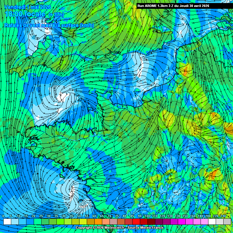 Thom_Wx's tweet photo. ⚡ #Orages : Fin de journée sous haute surveillance en IDF !

Le modèle AROME confirme une dégradation musclée ce vendredi : 📅 Vendredi 1er mai (15h -> soir) 🚀 Remontée du Loiret vers l'Île-de-France🌧️ Pluies intenses (jusqu'à 30 mm/h) 💨 Rafales 70-85 km/h https://t.co/v7iU14MleS