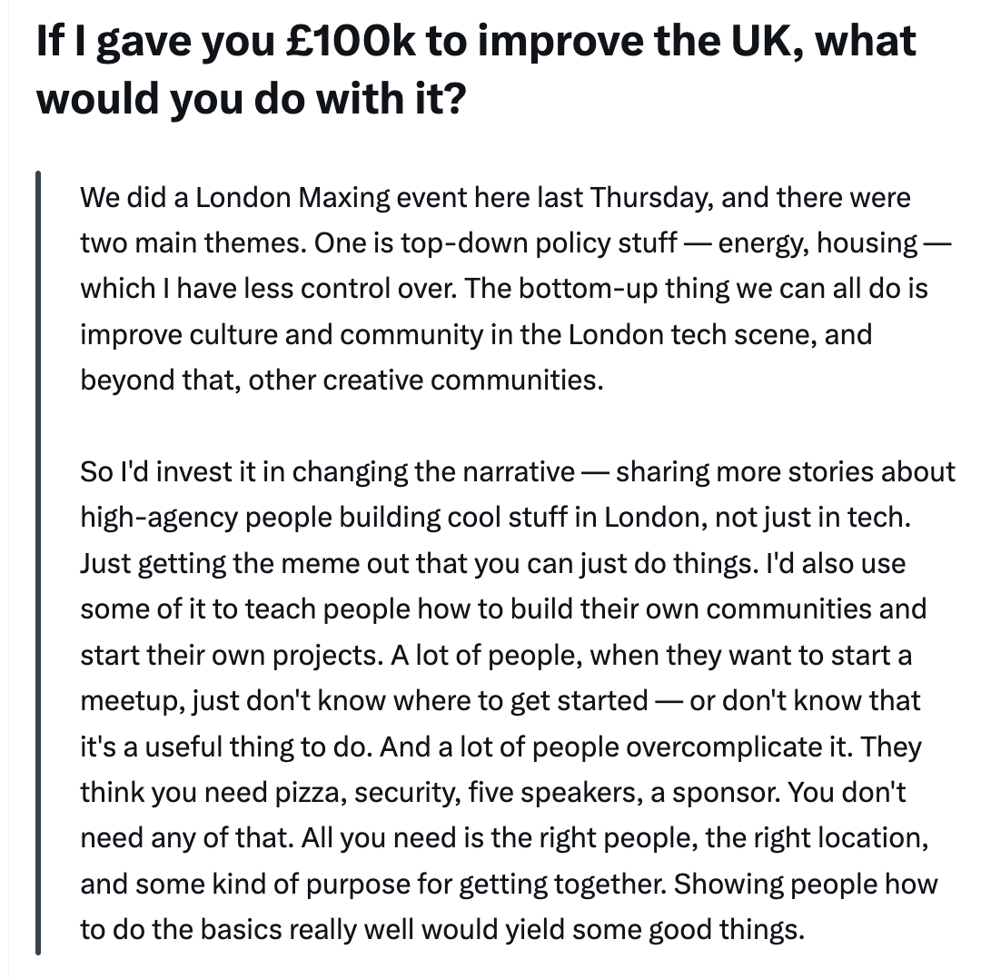 If you want any advice/support on building an optimistic community, meetup or narrative, DM me. 

Thanks for the chat <a href="/lachlanchavasse/">Lachlan Chavasse 🦄</a>!