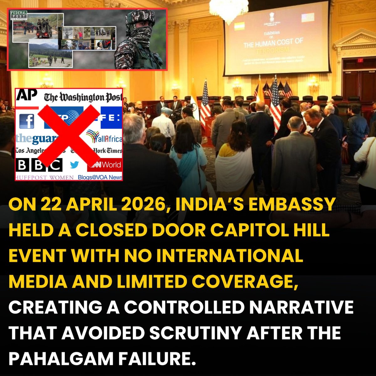 WorldNow12597's tweet image. By barring international #media from its #CapitolHill event, the Indian #Embassy is attempting to spin a specific narrative while dodging the fallout of the #Pahalgam incident. True transparency doesn't happen behind locked doors.

#GranHermanoGeneraciónDorada #adornichorroycagón