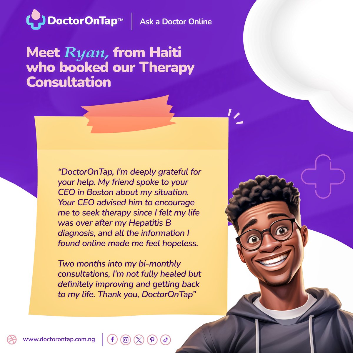 DoctorOnTap's tweet image. Are diagnosed with Hepatitis B and feeling overwhelmed?

Search no more. Get online doctor consultations and  therapy sessions just as Ryan did.

Call to book: 0817 777 7122

#Onlinedoctor #TherapyConsultation #MentalHealthSupport #Telemedicine #DoctorOnTap