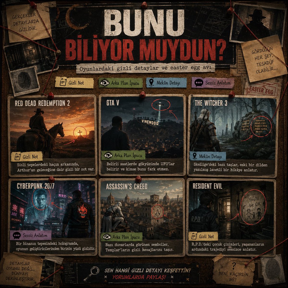 turkoyto's tweet image. Oyunlarda gördüğün her şey tesadüf olmayabilir. 👀

RDR2’den GTA V’e, Witcher 3’ten Cyberpunk’a kadar gizli notlar, arka plan ipuçları ve easter egg’ler oyuncuları hâlâ şaşırtıyor.

Sen en iyi gizli detayı hangi oyunda keşfettin?

#Oyun #Gaming #EasterEgg #GizliDetay #Gamer