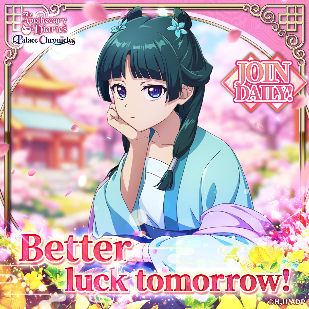 kusuriya_ki_en's tweet photo. @VinvinBrel
❖━━━━━━━━❖
Too bad...
❖━━━━━━━━❖

You check, but there are no blossoms from Maomao...
Try again tomorrow! You can join daily!