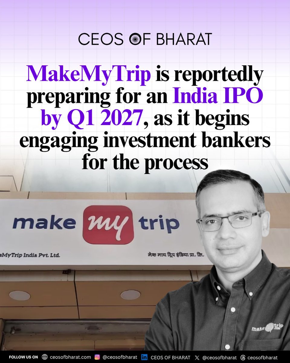 ceosofbharat's tweet photo. MakeMyTrip is reportedly preparing for an India IPO by Q1 2027, as it begins engaging investment bankers for the process.
According to reports, the company—already listed on Nasdaq—is exploring a domestic listing to strengthen its presence in the Indian capital markets and tap into growing investor interest in tech and travel platforms.

This potential move signals a broader trend of Indian startups and tech companies looking to list locally, even if they are already publicly traded overseas. If it goes through, MakeMyTrip’s India IPO could become one of the most closely watched listings in the travel-tech space.

#StartupNews #MakeMyTrip #IPO #TechNews #BusinessNews