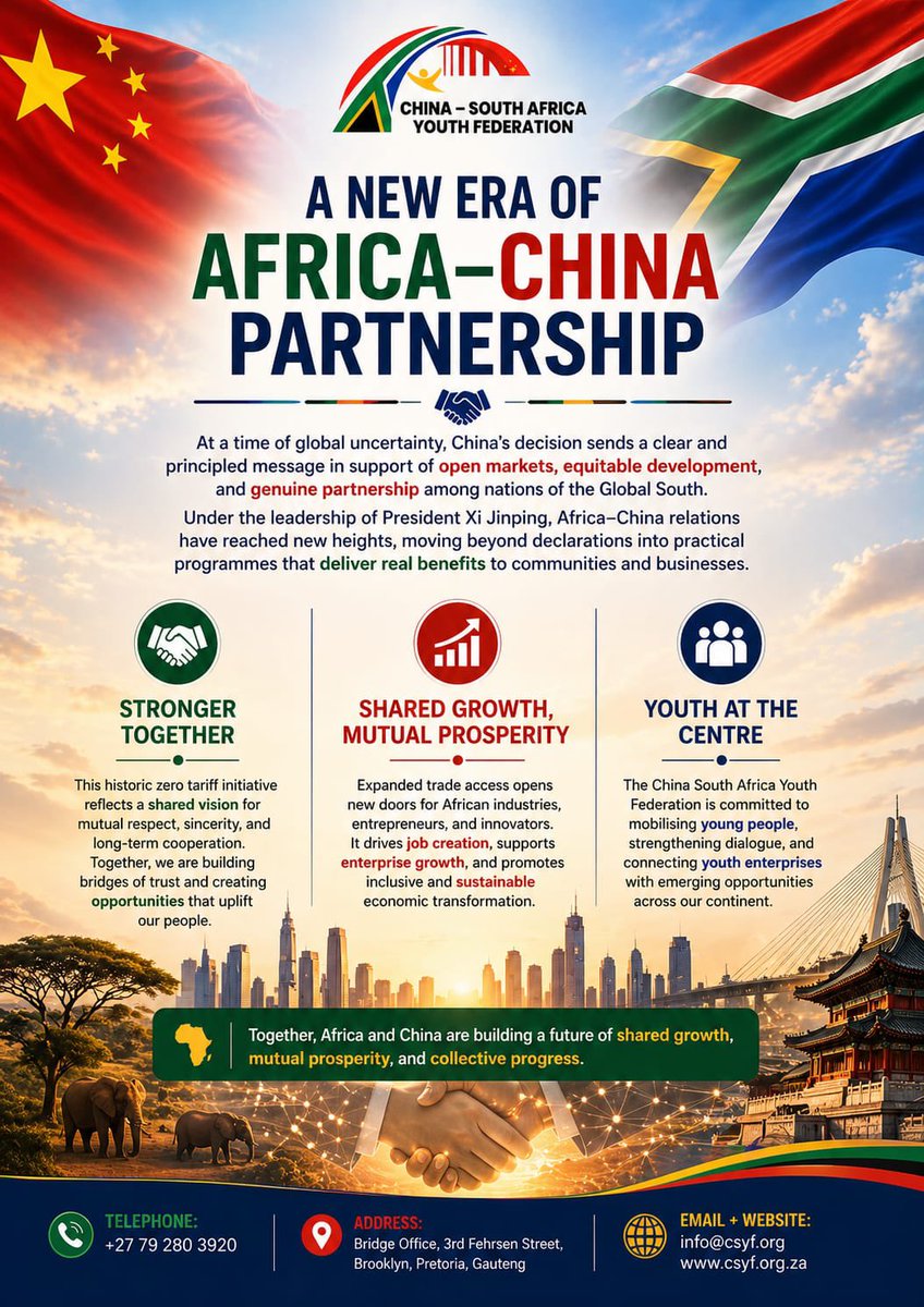 ChinaSAYouth's tweet photo. The China-South Africa Youth Federation commends the visionary leadership of Xi Jinping in advancing China’s historic zero-tariff initiative for Africa - a powerful step toward shared prosperity and deeper cooperation. 🇨🇳🤝🌍

A milestone for inclusive trade. https://t.co/8F9T46P0HO