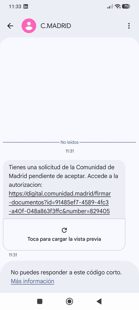 Pmonterog's tweet photo. Buenos días @ComunidadMadrid he recibido este sms... https://t.co/jCyZW3nPLy