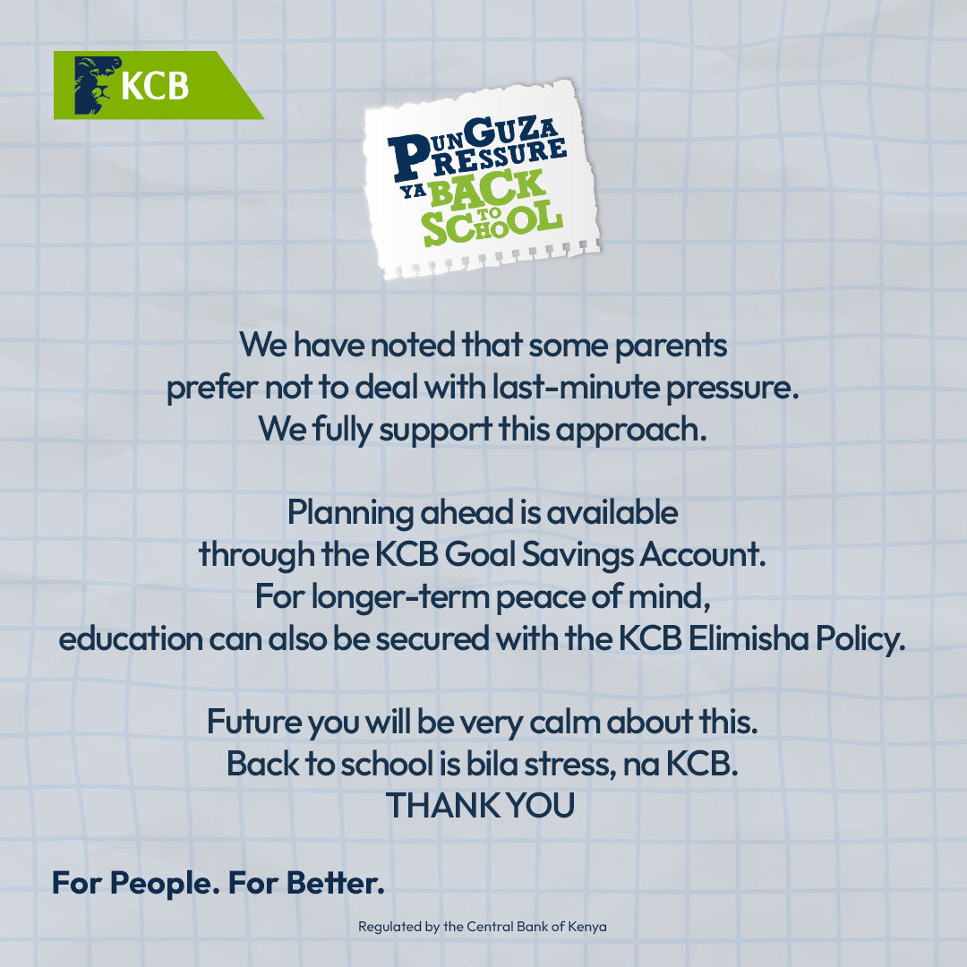 KCBInKenya's tweet photo. Some parents plan early. Others think long-term.

Either way, the goal is the same: less pressure when school time comes.

Start small with Goal Savings or secure the future with KCB Elimisha Policy

Goal Savings:
https://t.co/IwzW3VDMtd

Elimisha Policy:
https://t.co/diXDJ5LMrG

#PunguzaPressure #ForPeopleForBetter #PayBetterNaKCB
