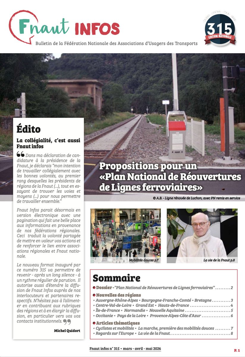 FNAUT_fr's tweet photo. Fnaut infos 315 📰 : après plusieurs mois d'absence, notre revue revient ! ✨ Désormais, chaque région a sa propre rubrique🤓... et la revue est gratuite ! ⬇️
https://t.co/oOeBBDTS62

Au sommaire, notamment :
- Plan National de Réouvertures de Lignes ferroviaires🚆 49 lignes ferroviaires à rouvrir pour 1 624 km de territoires reconnectés.
- Rapport sur les violences routières, aller à la gare à pied 🚴🚶‍♂️

#FNAUT #Fnautinfos #Train #Ferroviaire #MobilitéDurable #TransitionÉcologique #ServicePublic #Territoires #RéouvertureDesLignes