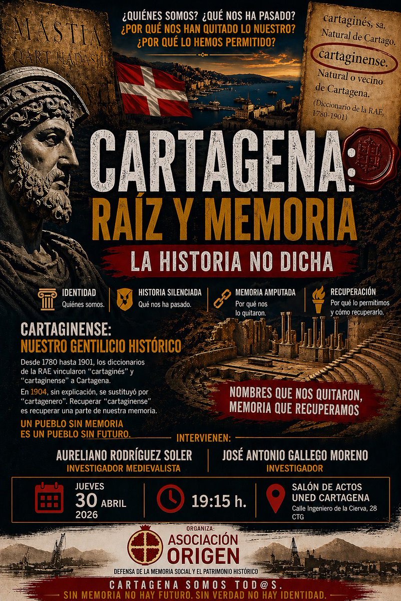 favecip's tweet photo. 📣 FAVECIP invita a asistir a “Cartagena: raíz y memoria”, actividad de la Asociación Origen sobre identidad, memoria y patrimonio histórico.

📅 30/04/2026
🕢 19:15 h
📍 UNED Cartagena

#FAVECIP #Cartagena #MemoriaHistórica #Patrimonio #AsociaciónOrigen https://t.co/ogV4ODQ7wr