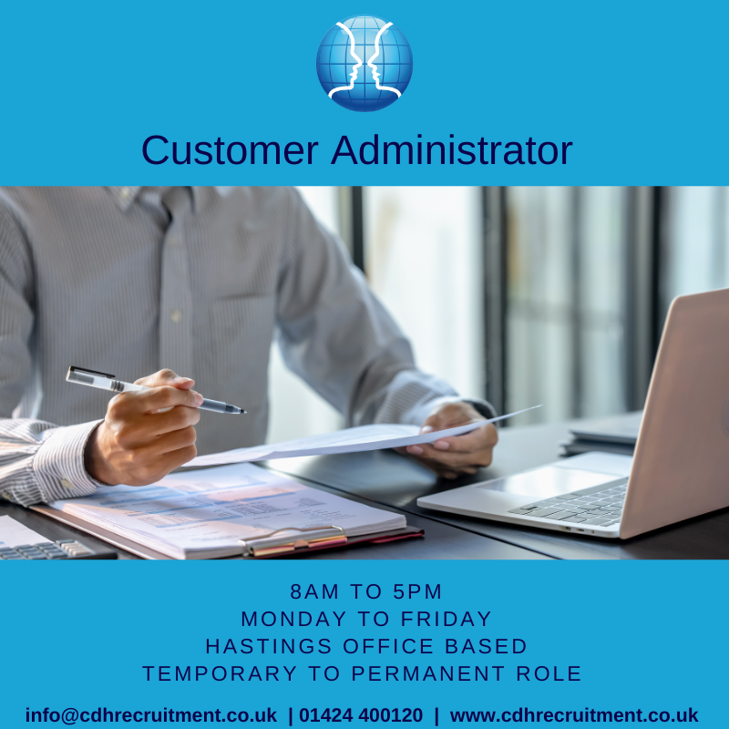 We’re currently looking for a Customer Administrator to join our team in Hastings.

📍 Office-based role
🕐 Monday to Friday, 8am–5pm
📌 Temporary-to-permanent opportunity for the right candidate

Send your CV to info@cdhrecruitment.co.uk or visit our website for full details.