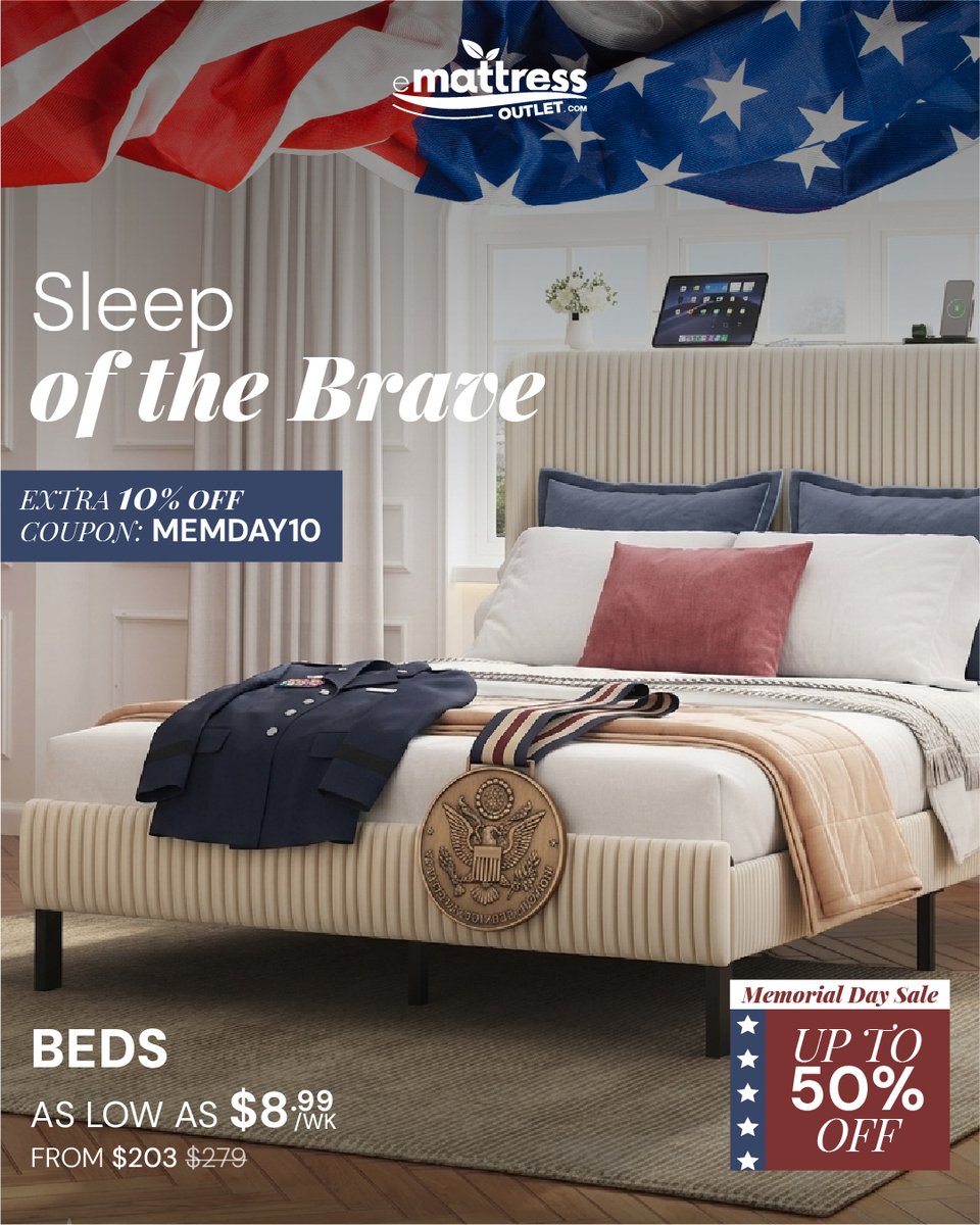 eMattressOutlet's tweet photo. Brave enough to get the best sleep of your life?

Up to 50% OFF Matresses, Beds, Bedding &amp; More.

Extra 10% OFF with MEMDAY10 at https://t.co/GSAIYesxVq · Free Shipping · No Credit Needed

#eMattressOutlet #MemorialDaySale #Mattresses #Beds https://t.co/OI4SIrehjx