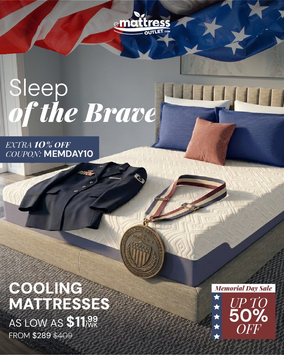 eMattressOutlet's tweet photo. Brave enough to get the best sleep of your life?

Up to 50% OFF Matresses, Beds, Bedding &amp; More.

Extra 10% OFF with MEMDAY10 at https://t.co/GSAIYesxVq · Free Shipping · No Credit Needed

#eMattressOutlet #MemorialDaySale #Mattresses #Beds https://t.co/OI4SIrehjx
