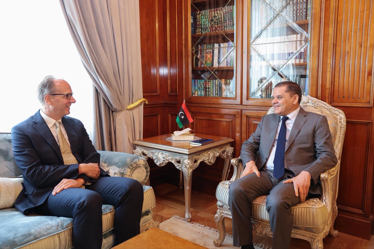 MReynoldsUK's tweet photo. Yesterday I met with Prime Minister Abdulhamid Debeiba. We discussed progress towards political unification and stability in Libya, and the importance of all actors working together to find a sustainable and inclusive solution. https://t.co/c2lB6mP1oz