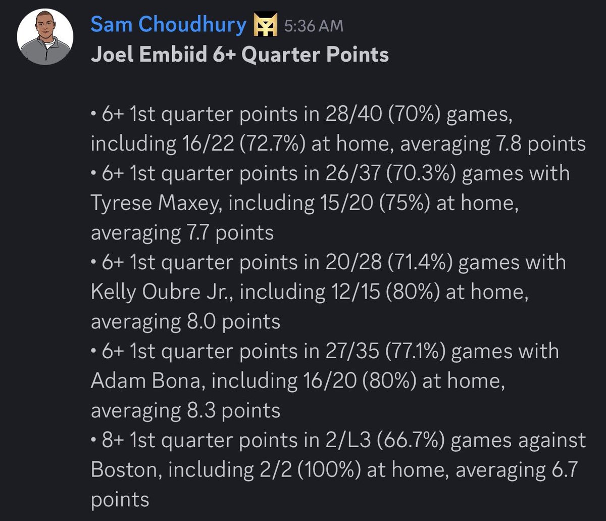 SC_FFB's tweet image. NBA Free Play 🏀

Joel Embiid 6+ 1st Quarter Points (-150, Fanatics)

#TrustTheProcess 
🔗 winible.com/sams